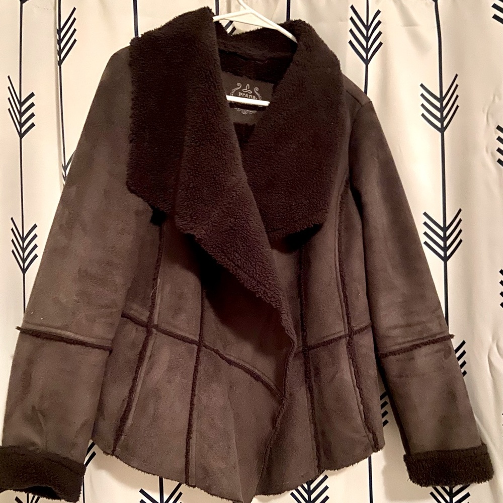 PrAna Charcoal/Black Townie Faux Suede Sherpa Lined Jacket Open Front